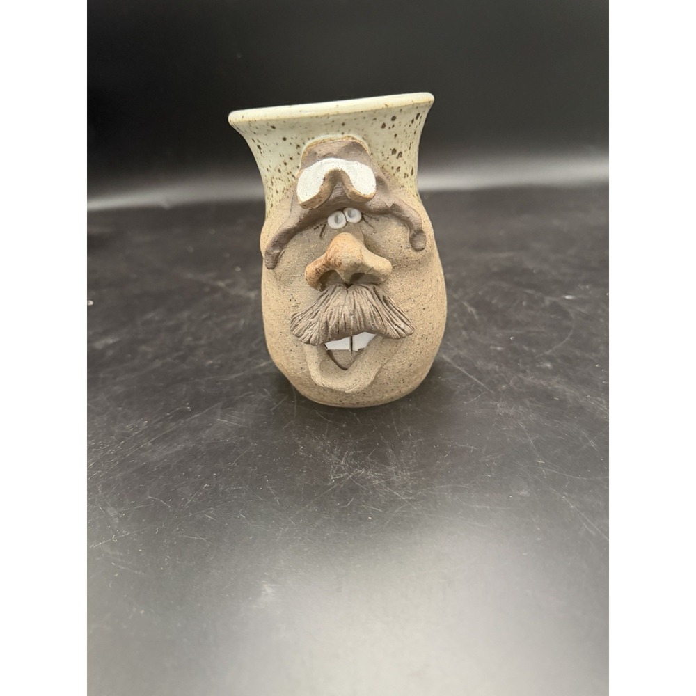Vintage Studio Art Pottery Face Mug Mustache Character Speckled Stoneware Signed